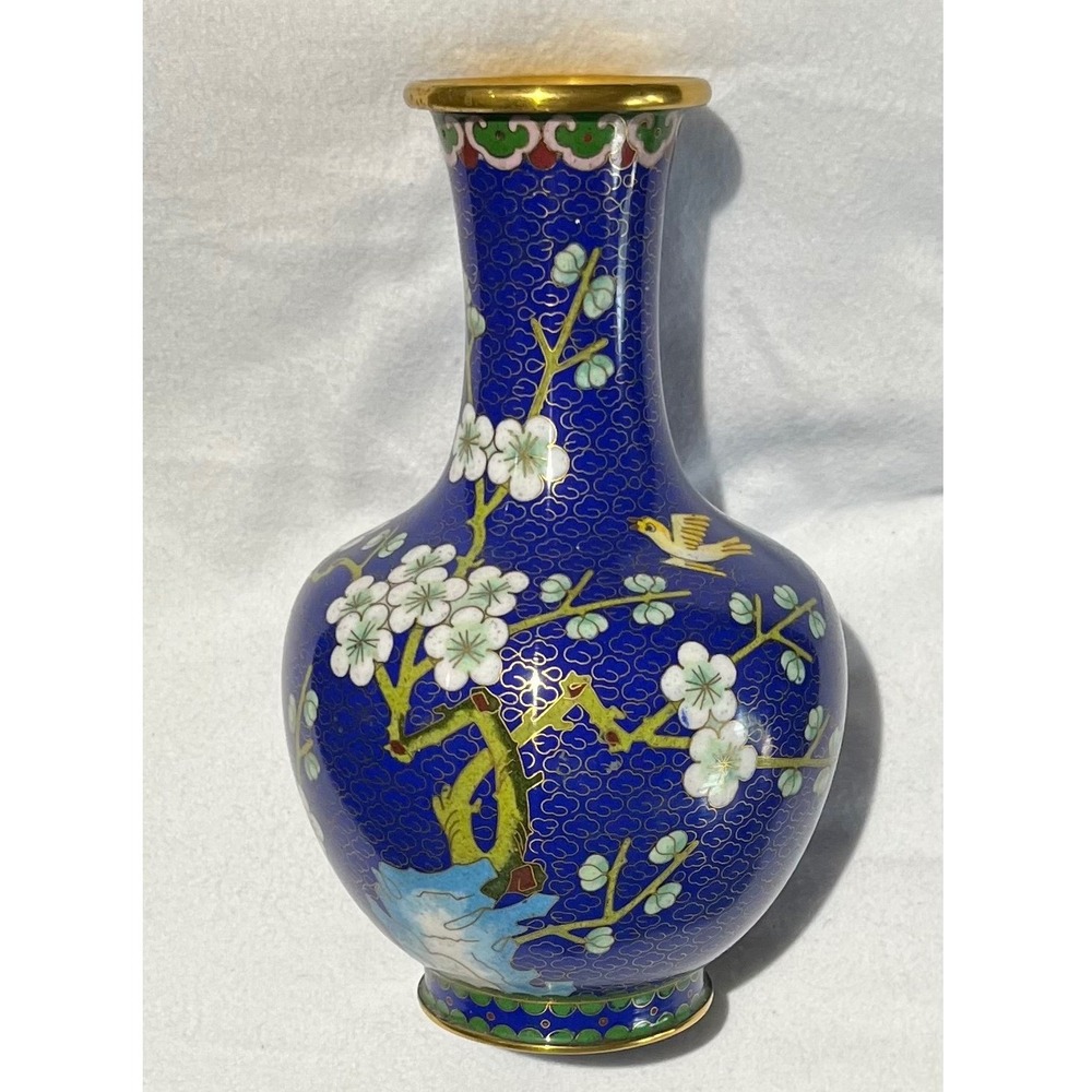 Vintage‎ Chinese Cloisonne Enamel Vase Cobalt Blue Cherry Blossom Bird 8 Inch